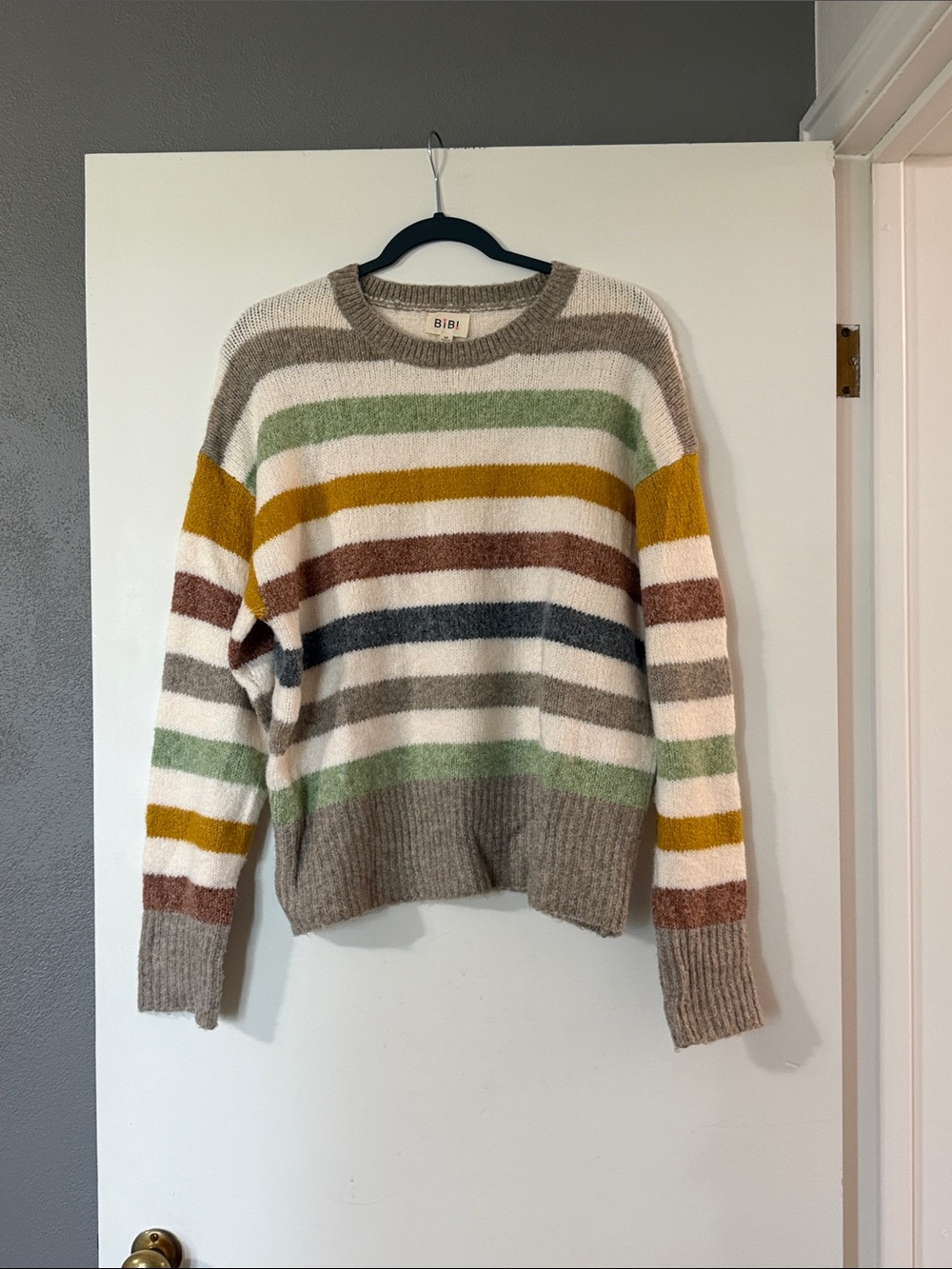 BiBi Multicolor Striped Crewneck Sweater in Beige, Mustard, Green, Brown, Navy